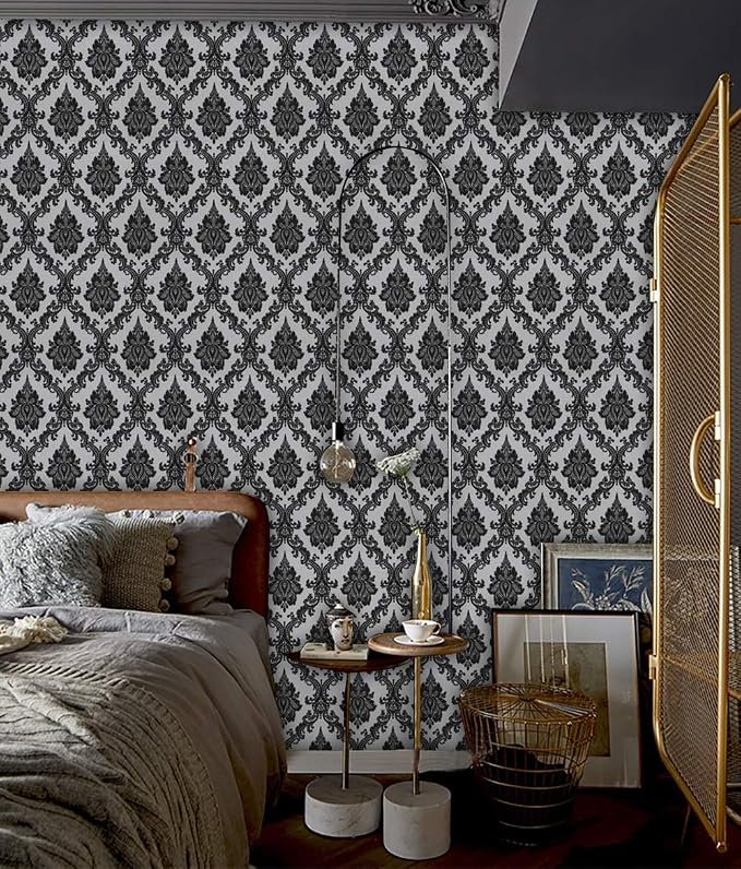 17.7" x 394" Black Peel and Stick Wallpaper Black Vintage Wall Paper