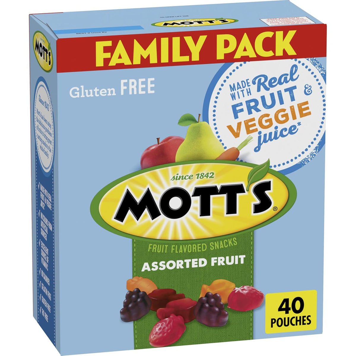 Mott's Assorted Fruit Snacks Family Pack, Gluten Free Gummies, Made with Fruit & Veggie Juice, Good Source of Vitamin C, Gelatin Free, 40 Count Individual Pouches, 32 oz