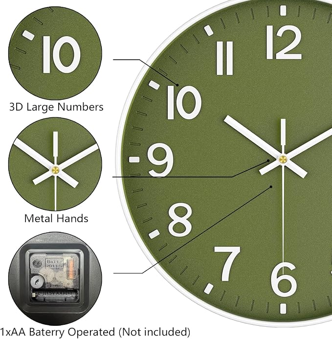 Wall Clocks Battery Operated, 12 Inch Non Ticking Wall Clock, Silent Analog