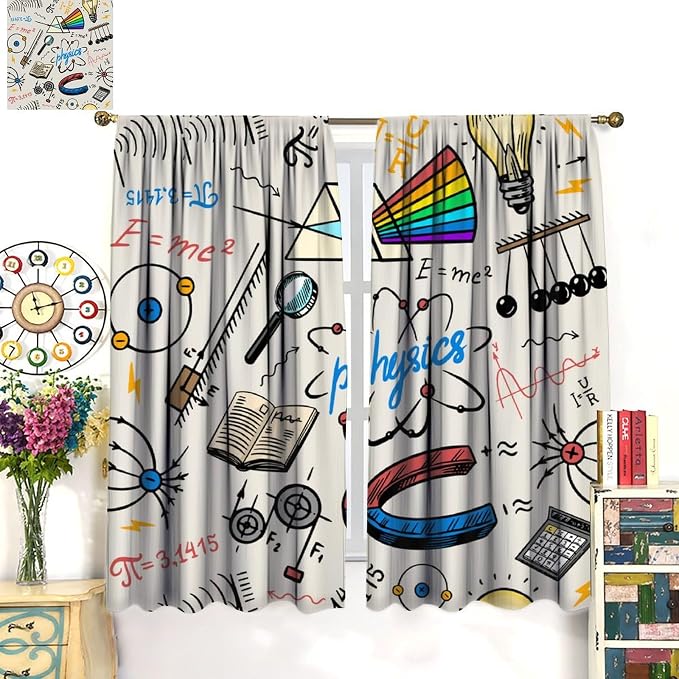 Science Physics Window Curtains, Abstract Math Chemistry Curtain Scientist Graffiti Print Window Treatments for Kids Teens Bedroom Living Room Set 2 Panels,42x45 Inches, Style-8