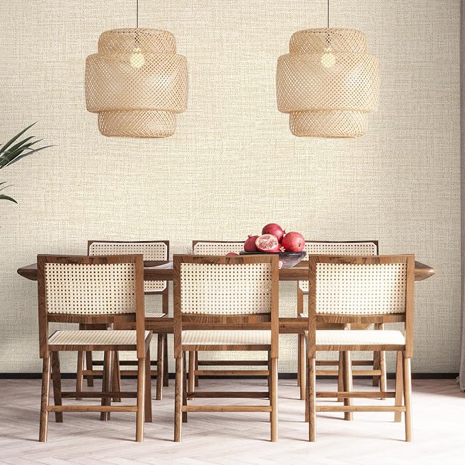 Beige Grasscloth Peel and Stick Wallpaper 17.3"x120" Faux Linen Textured