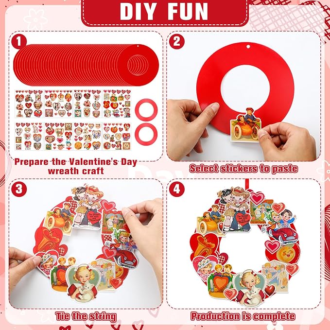 Hollowfly 48 Sets Vintage Valentine DIY Wreath Craft Kit for Kids Classroom