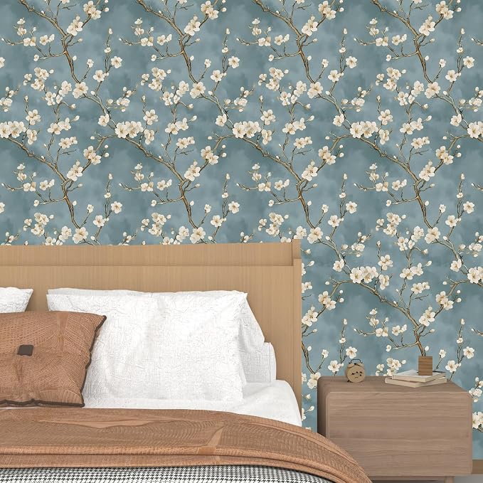 Vintage Floral Wallpaper Peel and Stick Blue White Flowers Contact Paper Vinyl