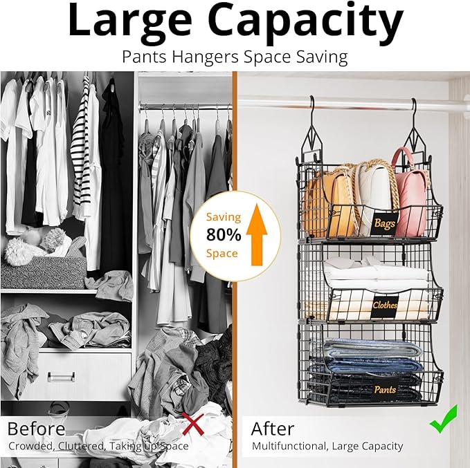 Hanging Closet Organizers and Storage, 6 Tier Closet Shelf Clothes Organizer with 2 S-Hooks, Multi-Functional Iron Wire Baskets, for Clothing, Sweaters, Handbags, Hat, Canned