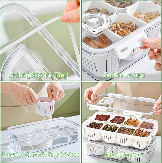 shopwithgreen Divided Serving Tray with Lid, Portable Snack Box Charcuterie Veggie Tray with Lid, Food Storage Organizer with 8 Colandersfor Fruit, Vegetable, Refrigerator, Kitchen, Party, Picnic