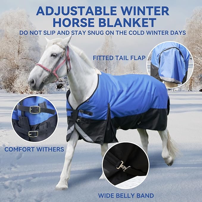 75” Winter Horse Blanket, 1200D Waterproof Poly Horse Turnout Blanket, Tear-Resistant Thick Horse Blanket with Snuggit 220g Filling, Breathable Warmth Turnout Blankets for Horse