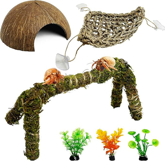 6 PCS Hermit Crab Accessories Set Small Bendable Moss Hermit Crab Climbing Toys Coconut Shell Hut Climbing Hammock with Suction Cup Plastic Plants for Reptile Amphibian
