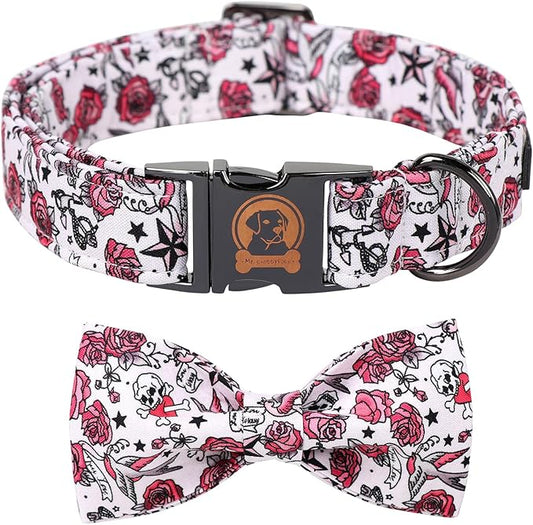 MR. CHUBBYFACE Valentine's Dog Collar with Bow Tie-Cute Pink Rose Cotton Dog Collar, Adjustable Valentine's Boy Girl Dog Collars with Metal Buckle for Small Medium Large Dogs