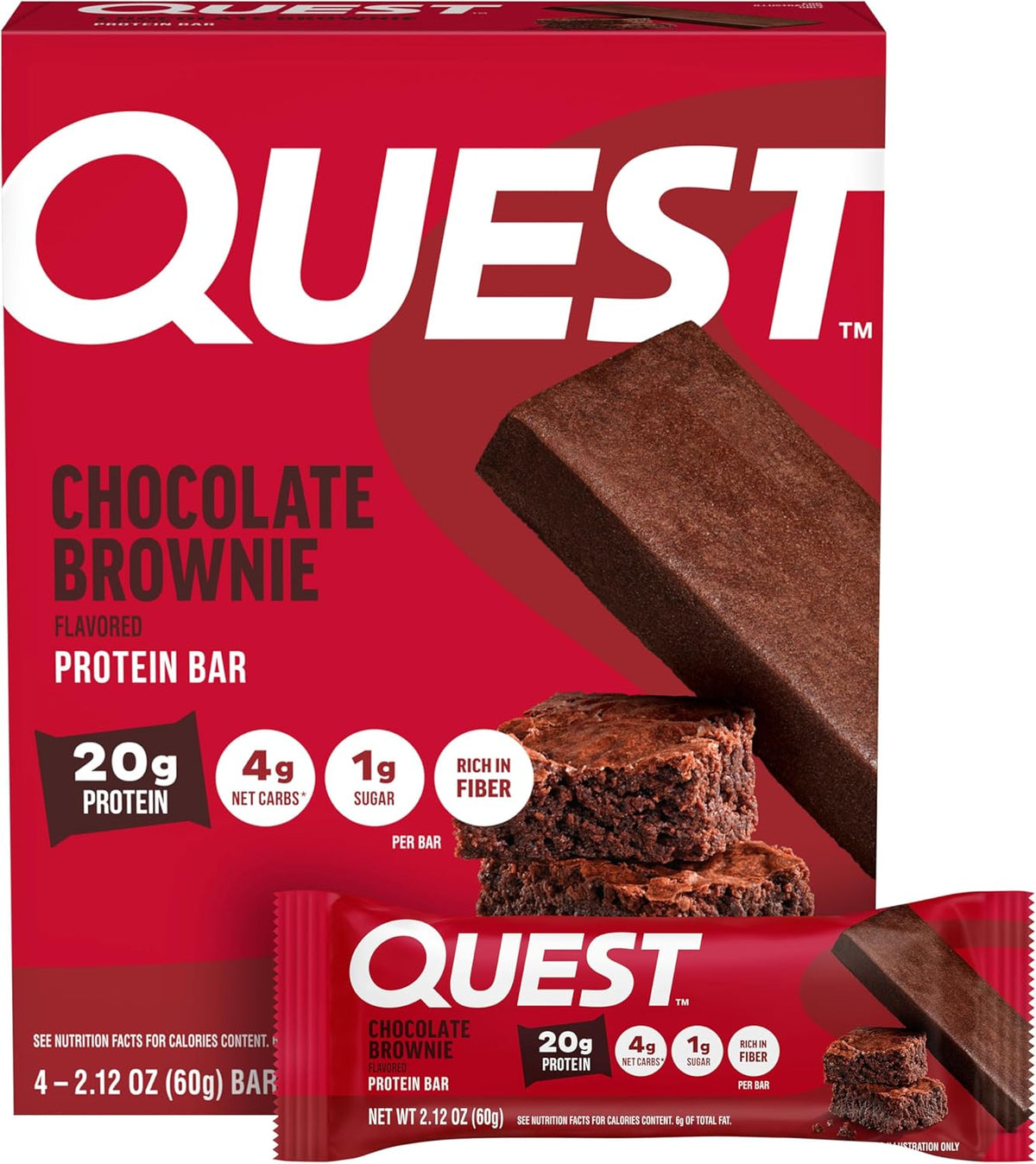Quest Nutrition Chocolate Brownie Protein Bars, 20g Protein, 4g Net Carbs, 1g Sugar, High Fiber, Gluten Free, Keto Friendly, 4 Count