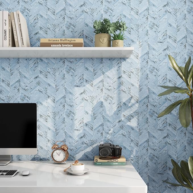 Livelynine Blue Fabric Wallpaper Peel and Stick Prepasted Herringbone Faux