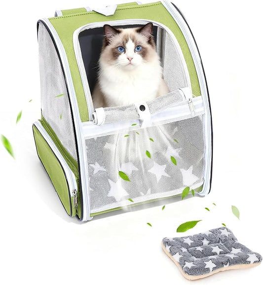 Green Cat Backpack Carrier with Washable Crate Bed Mat Breathable Cat Carrier Large Space for Medium Small Dog Puppy Kitty Bunny Ventilated Mesh Pet Backpack for Cats Travel Hiking Walking Outdoor Use