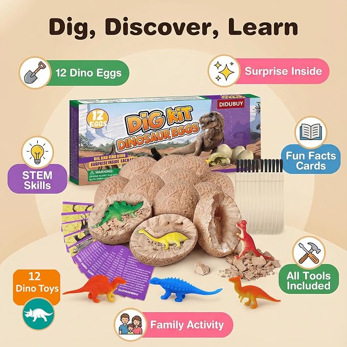 Dino Eggs Dig Kit, 12 Pack Dinosaur Eggs Excavation Science Experiments Kits for Kids 4-12, Dinosaur Toys for 3 4 5 6 7 8 9 10 Year Old Boys Girls