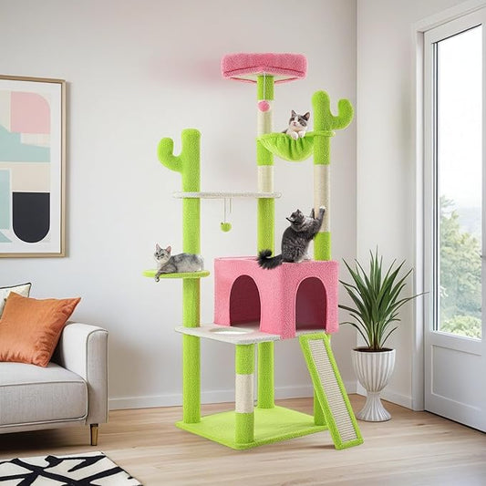 DWVO 68" Tall Cactus Cat Tree: Cats Tower with Sisal Scratching Posts, Kittens Hideout Pet House - Multi-Level Indoor Activity Center for Climbing Play, Green & Pink