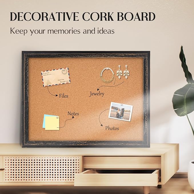 Cork Board Bulletin Board, Rustic Black Wooden Frame, Decorative Hanging Pin