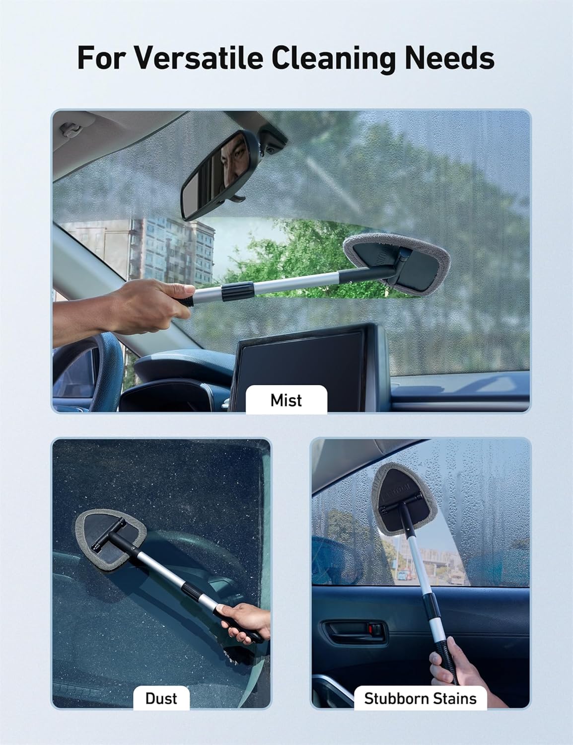 AstroAI Windshield Cleaner Tool, Car Interior Detailing Cleaning Kit with Extendable Handle and 4 Upgraded High-Density Reusable Microfiber Pads, Auto Glass Wiper Brush Kit for Cars, Gray, 15.9in-21in