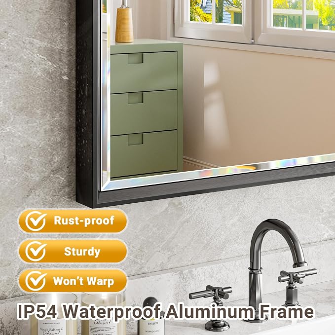 48 x 30 Black Framed Mirror for Bathroom, Beveled Black Bathroom Vanity Mirror