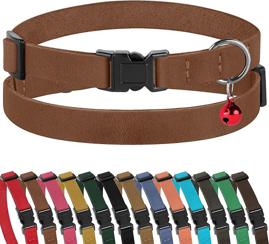 Muromto Breakaway Cat Collar Leather Soft Adjustable Pet Kitten Collars with Bell Pink Brown Blue Green Red (Cognac)