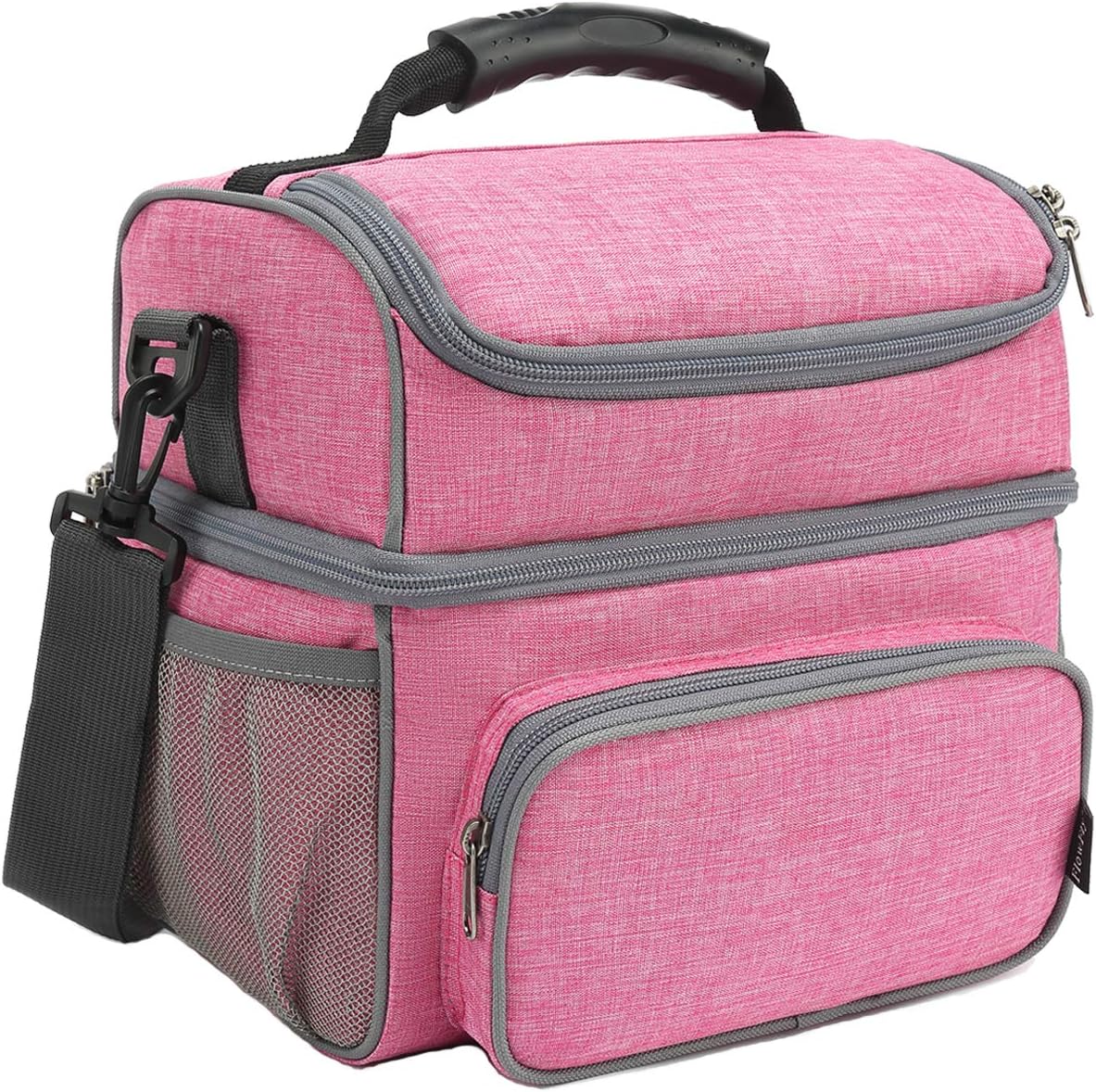 FlowFly Double Layer Cooler Insulated Lunch Bag Adult Lunch Box Large Tote Bag for Men, Women, With Adjustable Strap,Front Pocket and Dual Large Mesh Side Pockets