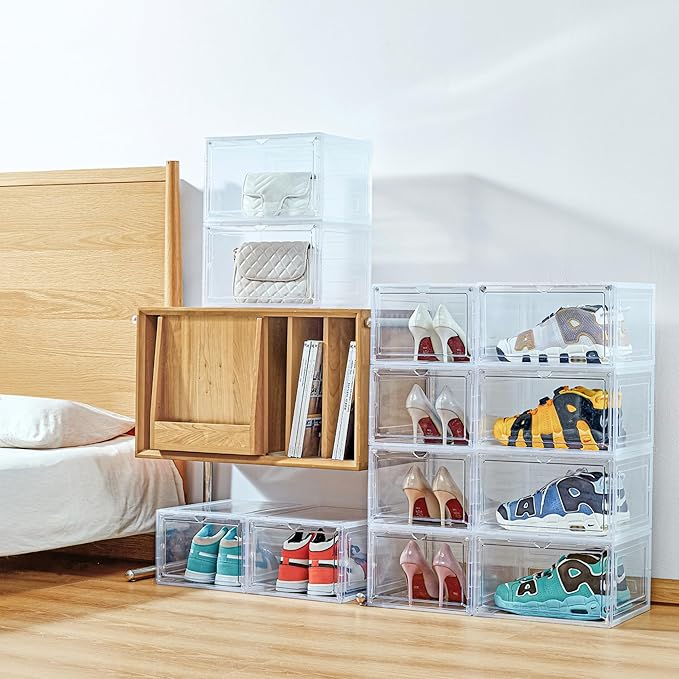 9 Pack X-Large Shoe Storage Box, Thicken&Sturdy with Clear Magnetic Door, Stackable Shoe Organizer with Solid Plastic, Drop Front Shoe Box for Sneaker Display Fit up to US Size 12