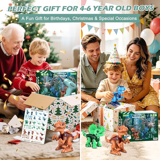 Take-Apart Dinosaur Toys for Boy 4-6: 85 Piece 3 Pack Dino & Electric Drill | Easy-to-Use Construction Building Set for Little Hands - STEM Educational Toy & Gifts for Kids Birthday Christmas