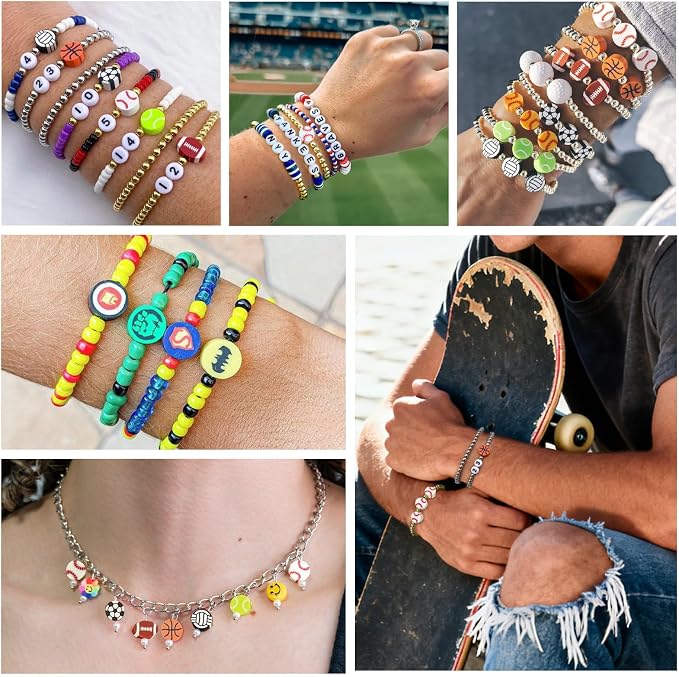 Gionlion Sports Polymer Clay Beads Bracelet Making Kit, Clay Beads with Basketball, Soccer, Baseball, and Football Designs for DIY Jewelry & Craft Projects