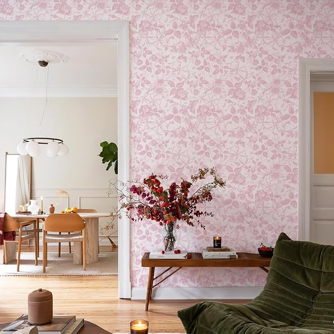 JiffDiff Floral Vintage Wallpaper Peel and Stick，Pink Rose Wallpaper Removable