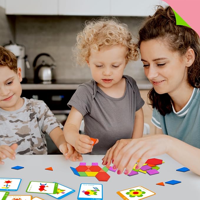 155 PCS Wooden Pattern Blocks Set, 24 Double-Sided Design Cards(48 Patterns) Geometric Shape Puzzle Fun Tangram Montessori Learning Toys for Kids Ages 4-8 (A Storage Bag & A Gift Box)