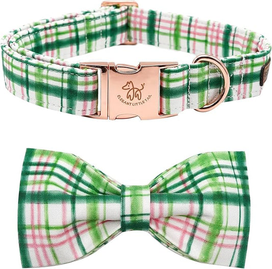 Elegant little tail Dog Collar with Bow - Pink with Green Plaid Boy or Girl Dog Collar Cute Bowtie Pet Collar Adjustable Dog Collar for Large Dogs