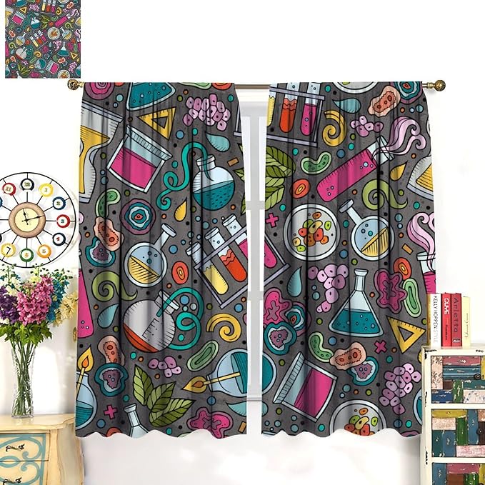 Science Physics Curtains, Abstract Math Chemistry Curtain Scientist Graffiti Print Window Treatments for Kids Teens Bedroom Living Room Set 2 Panels,42x45 Inches, Style-3