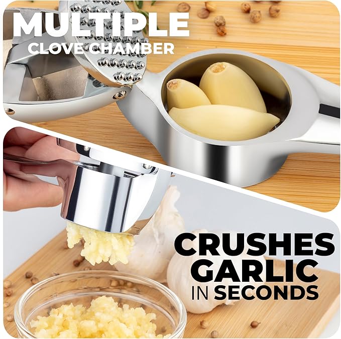 Zulay Kitchen Large Premium Garlic Press Set – Rust Proof & Dishwasher Safe, Bigger Bowl Garlic Mincer Tool with Silicone Garlic Peeler & Brush, Easy Squeeze & Clean, Ergonomic Handle - Chrome