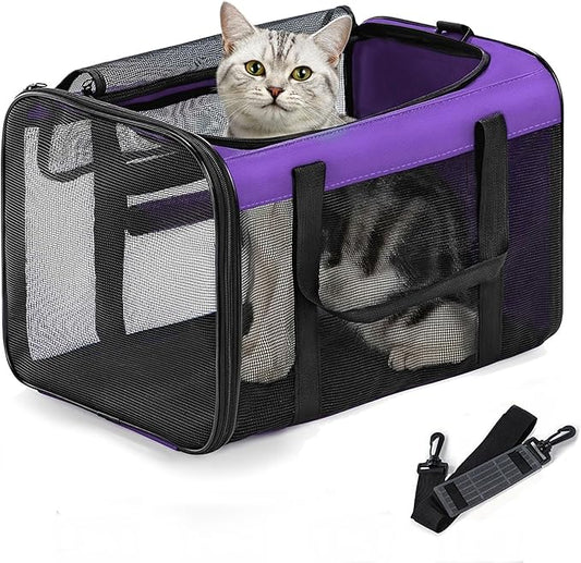 Cat Carrier Bag,Soft-Sided Pet Carriers for Dogs with 4-Sided Mesh,Airline Approved Cat Transport Carrier for Small&Medium Cats Kitten Puppy Up to 15LB,Collapsible Cat Travel Carrier-M,Purple