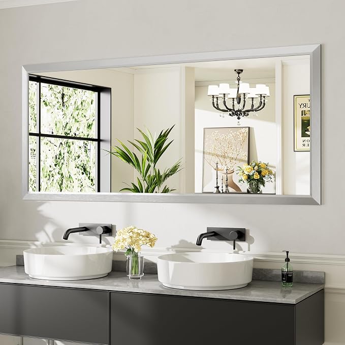 72x32 Inch Brushed Silver Bathroom Mirror