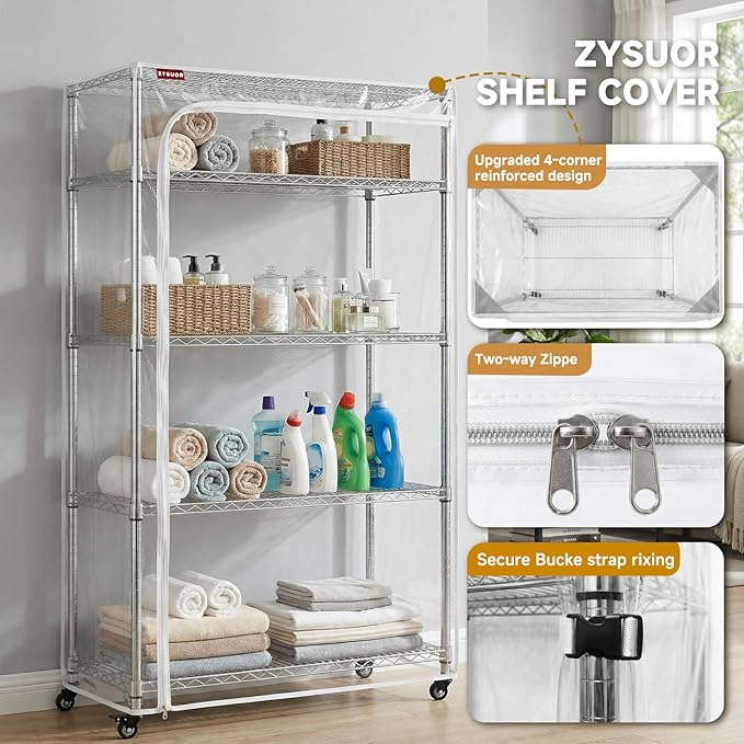 Large Clear PVC Wire Shelving Cover, 48" W x 24" D x 72" H, 3-Way Opening with Two-Way Zippers, Heavy-Duty Transparent Shelf Cover for Garage, Storage & Utility Areas