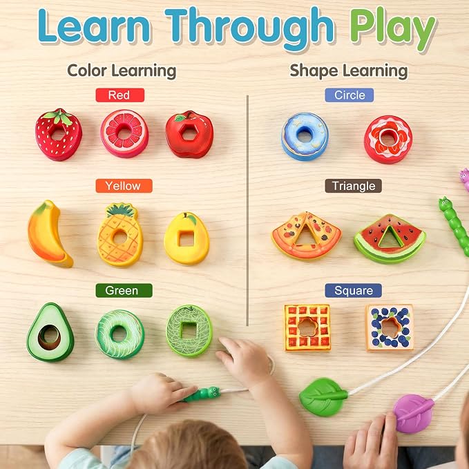 28 Pcs Caterpillar Lacing Toy for Toddlers Fruit Food Threading | Learning Lacing Beads, Montessori Educational Stringing Threading Beads, Fine Motor Skills Gift for Boys Girls 3+