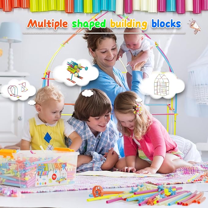 Ggiibro Straw Constructor STEM Building Toys Macaron 600Pcs Interlocking Gear Toy Sets for Kindergarten Classroom, Engineering Thin Tube Blocks for 3 4 5 6 7 Years Kids Toy for Boys and Girls Gift