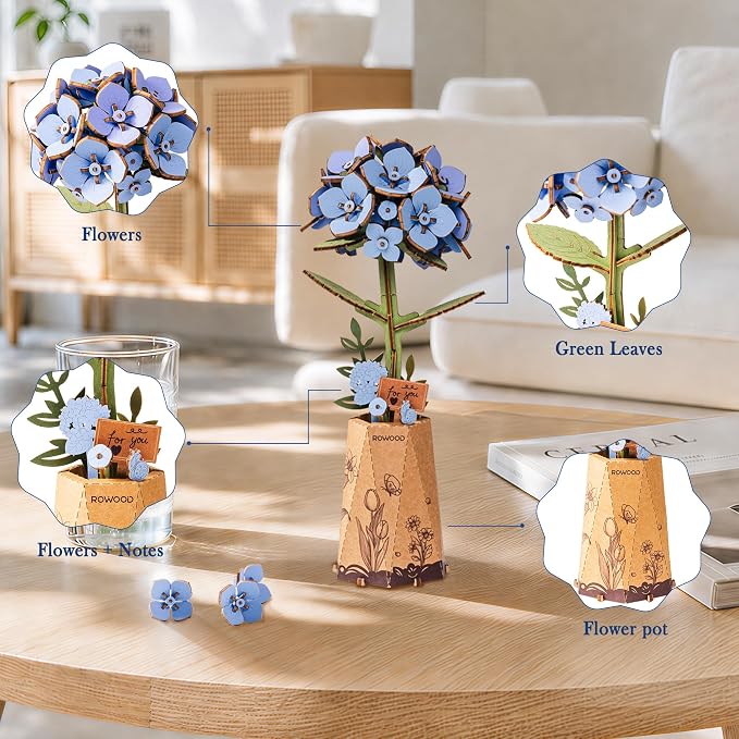 rowood Blue Hydrangea 3D Puzzles for Adults,DIY Wooden Flower Craft Kits for Women,Botannical Collection Home Decor,Mothers Day/Teachners Day Gift