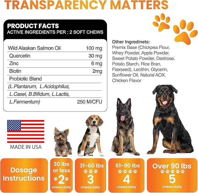 Omega 3 for Dogs - Fish Oil for Dogs Chews - Allergy and Itch Relief - Anti Shedding Supplement - Joint Health Treatment - Dry Itchy Skin and Coat Supplement - Salmon Oil - EPA & DHA - Made in USA