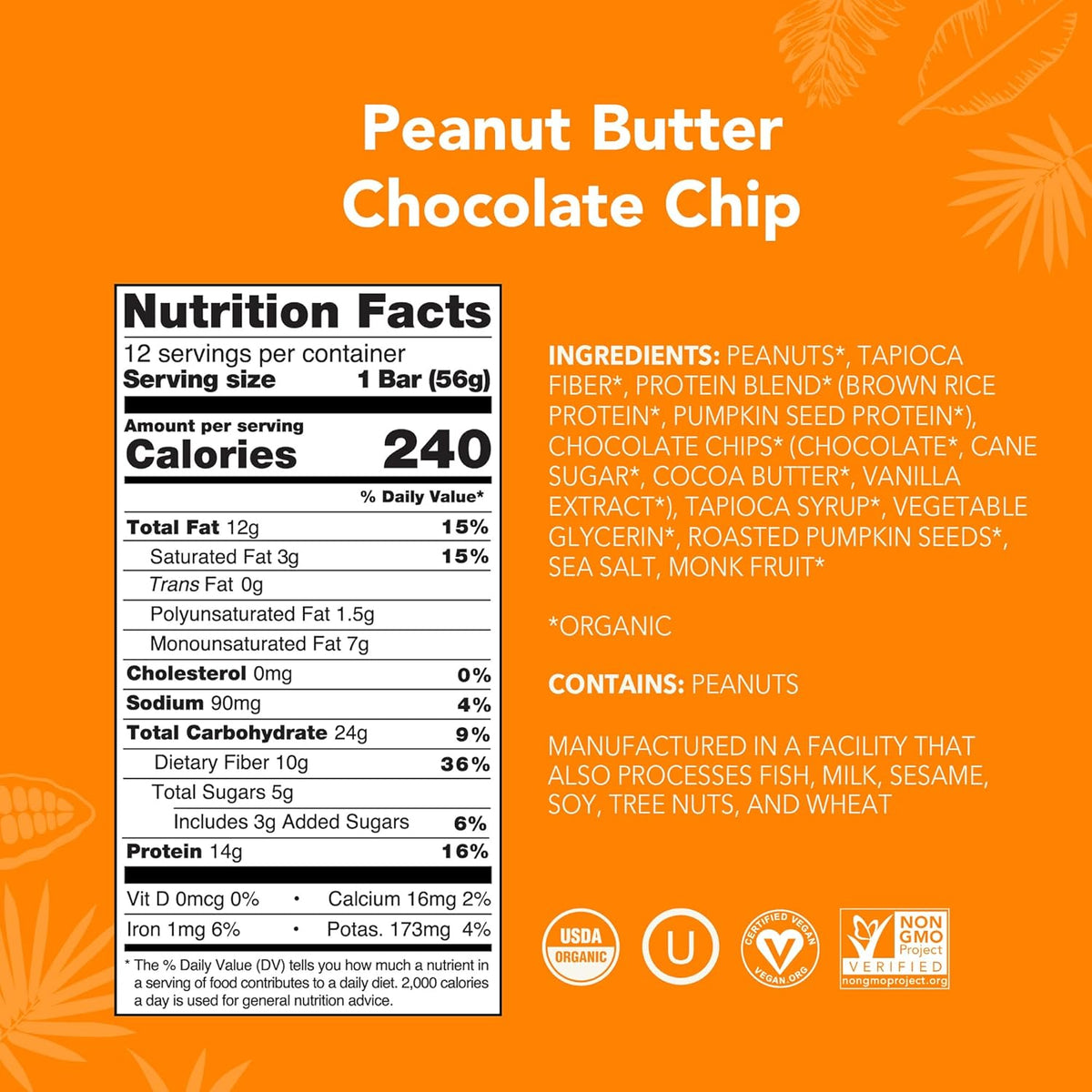 ALOHA Organic peanut butter chocolate chip protein bars, vegan, low sugar, gluten free, paleo, non-gmo, 1.98 oz, pack of 12