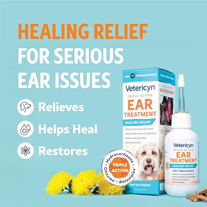 Vetericyn Triple-Action Ear Treatment for Dogs & Cats - 1% Hydrocortisone Ear Drops for Dog Ear Infection Relief - Fast Itch Relief & Healing with Otizyme Blend. 1.5 Ounce