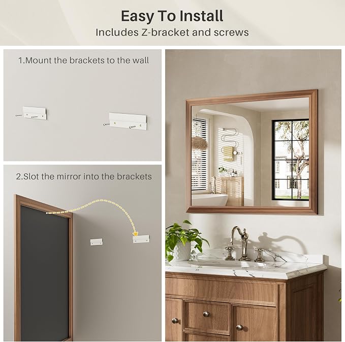 72x32 Inch Bathroom Mirror for Wall, Anti-Rust Walnut Wood Grain Metal Framed