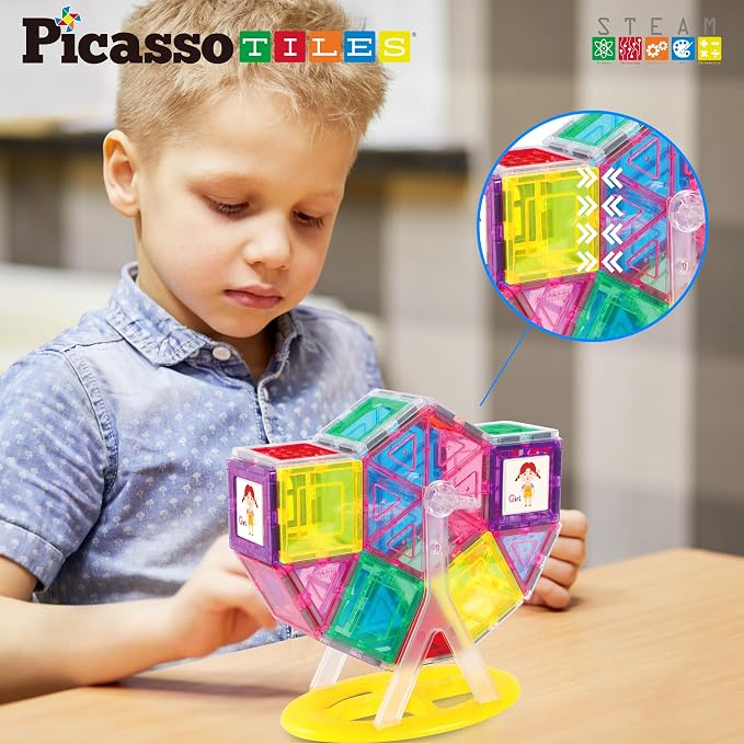 PicassoTiles Magnet Tile Building Blocks Ferris Wheel Amusement Rotating Accessory Kit Compatible with Full Sized Magnetic Tiles Construction Toy Set Education STEM Learning 3D Toddler Kid Age 3+ PT09