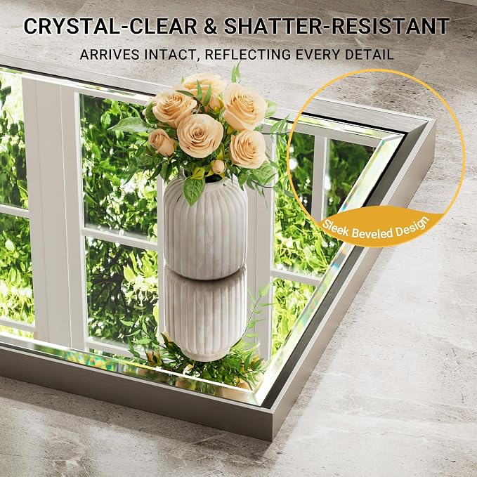Brushed Nickel Bathroom Mirror, 22x30 Inch Beveled Framed Bathroom Mirror