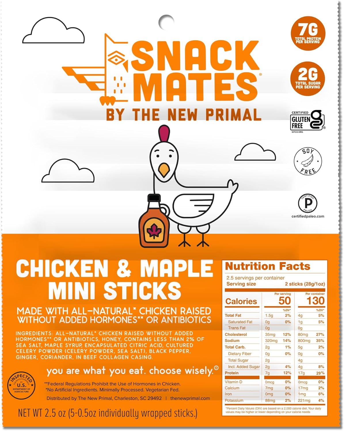 Snack Mates by The New Primal, Chicken & Maple Stick, All-Natural Chicken, High Protein and Low Sugar Kids Snack, Certified Paleo, Certified Gluten-Free, Lunchbox Friendly, 0.5 oz, Pack of 5