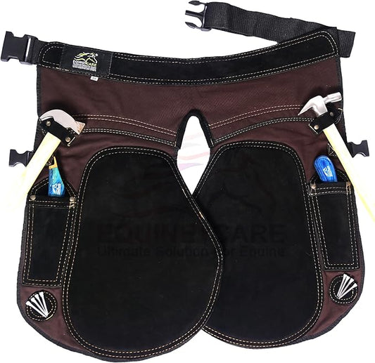 Equine Care Farrier Apron Chaps – 2mm Cowhide Suede Leather, 500 GSM Canvas, 23" Length, Adjustable Waist (28–52"), Ambidextrous Knife Pockets, Magnets & Loops – Horseshoeing & Hoof Trimming.