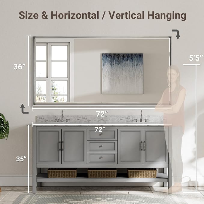 72'' x 36'' Large Beveled Silver Bathroom Vanity Mirror, Shatterproof Rectangle