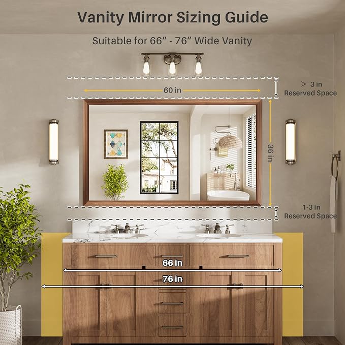 60x36 Inch Bathroom Mirror for Wall, Anti-Rust Walnut Wood Grain Metal Framed