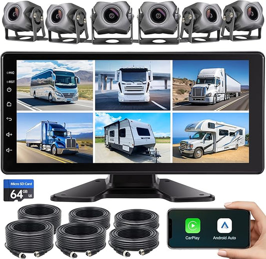 6-Channel Dash Cam 1080P Backup Camera System with 10.33 Inch Touch Parking Monitor,DVR Recording Back Up Camera for RV/Truck/Trailer/Van/SUV/Cars,Wireless Carplay/Android Auto/WiFi/Bluetooth/FM Radio