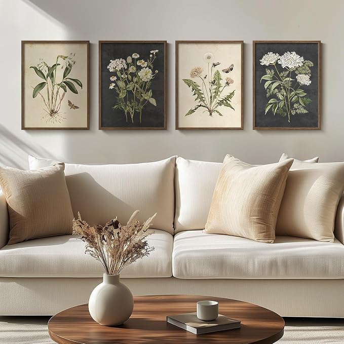 Framed Botanical Wall Art for Living Room, 4 Piece Rustic Floral Canvas