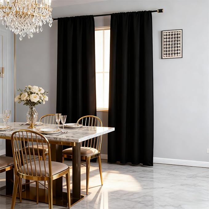 IGEMAEVE Black Blackout Curtains 108 Inch Length 2 Panels Set, Rod Pocket