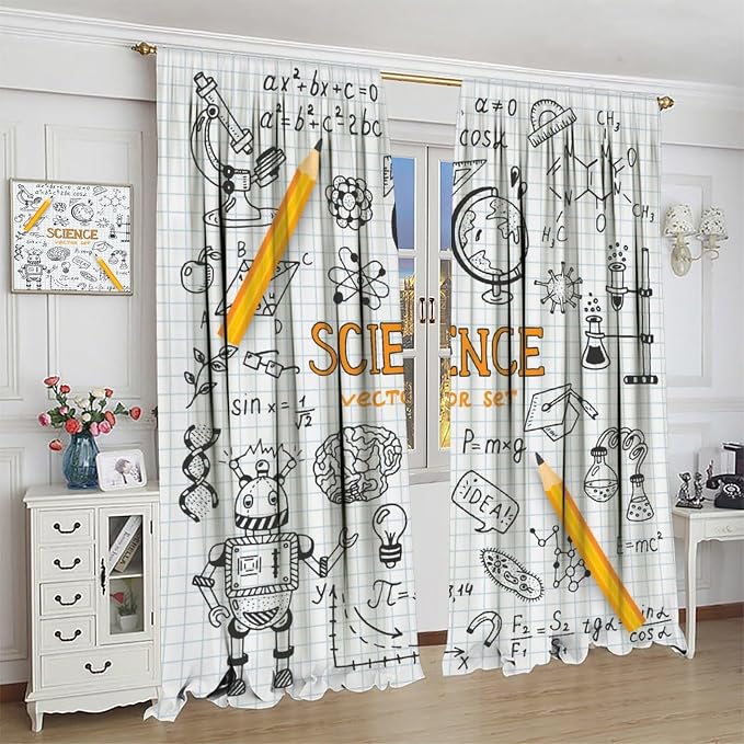 Science Symbols Kids Curtain Sketches Cartoon Chemistry Physics Geometry Education Pattern Print Window Drapes for Bedroom Living Room Kitchen Decor,2 Panel Set,84x84 Inch Blackout
